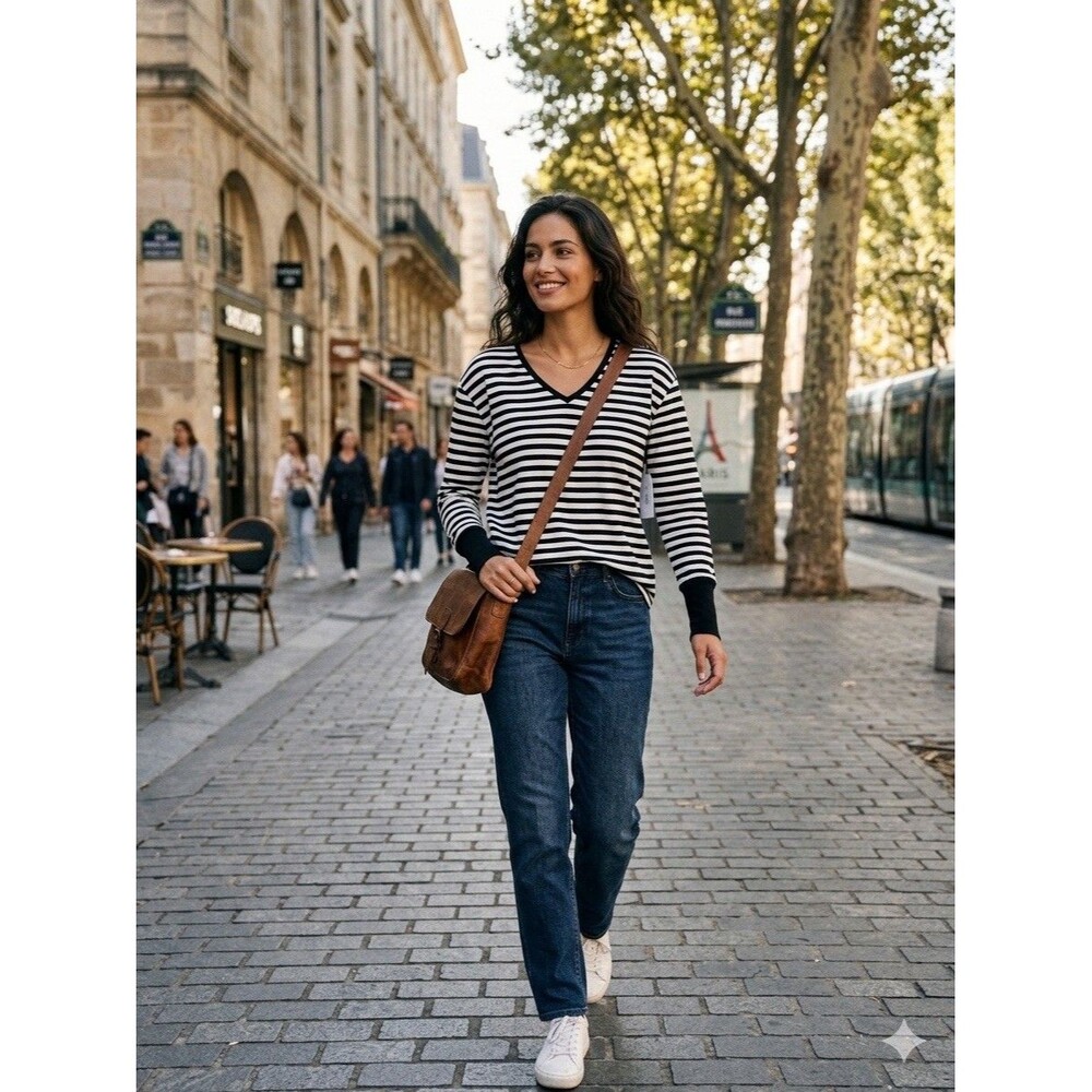 NWT STYLUS Black White Striped Chic Tee V Neck Long Sleeve Cotton Modal Women XS